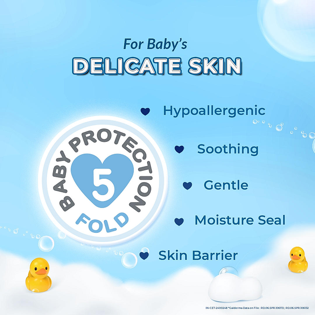 Hypoallergenic baby bath product in white bottle