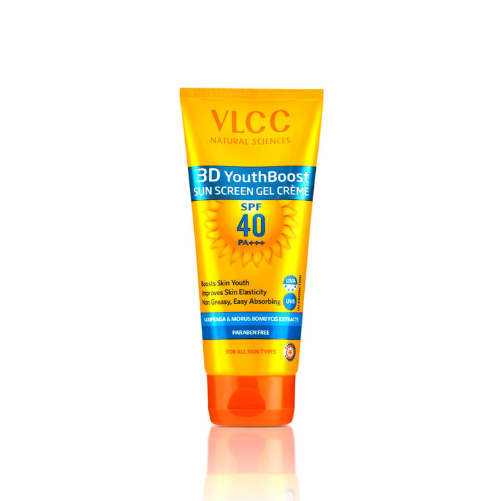 VLCC 3D YouthBoost Sun Screen Gel Creme SPF 40 on a white background