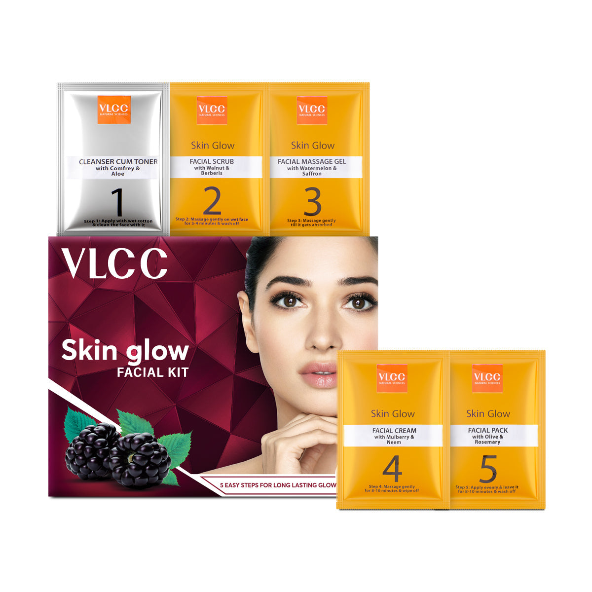 VLCC Skin Glow Facial Kit with packaging and product packets on a white background